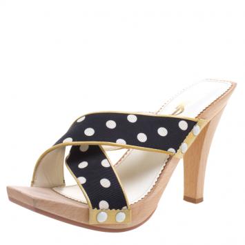 Pre Owned Saint Laurent Paris Black Polka Dot Printed Fabric Cross Strap Wooden Slides Size 37
