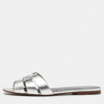 Pre Owned Saint Laurent Silver Leather Tribute Flat Slides Size 38