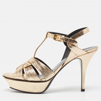 Pre Owned Saint Laurent Gold Lizard Embossed Leather Tribute Sandals Size 38