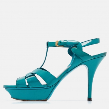 Pre Owned Saint Laurent Green Patent Leather Tribute Platform Sandals Size 39