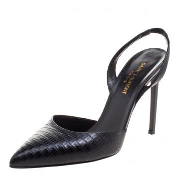 Pre Owned Saint Laurent Black Lizard Embossed Pointed Toe Slingback Sandals Size 38.5
