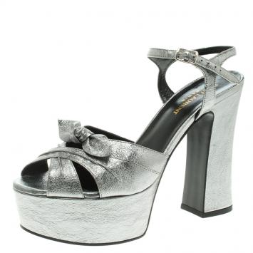 Pre Owned Saint Laurent Paris Silver Metallic Leather Candy Ankle Strap Platform Sandals Size 38.5