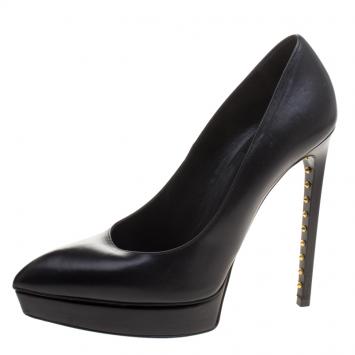 Pre Owned Saint Laurent Paris Black Leather Janis Spike Studded Heel Platform Pumps Size 40