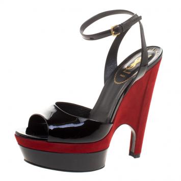 Pre Owned Saint Laurent Paris Two Tone Patent Leather And Suede Cassyopee Ankle Strap Wedge Sandals Size 40