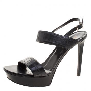 Pre Owned Saint Laurent Paris Black Croc Embossed Leather Platform Slingback Sandals Size 40