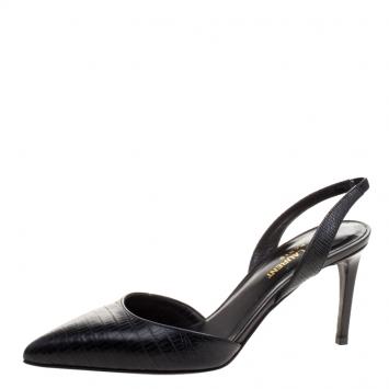 Pre Owned Saint Laurent Black Lizard Embossed Pointed Toe Slingback Sandals Size 37.5