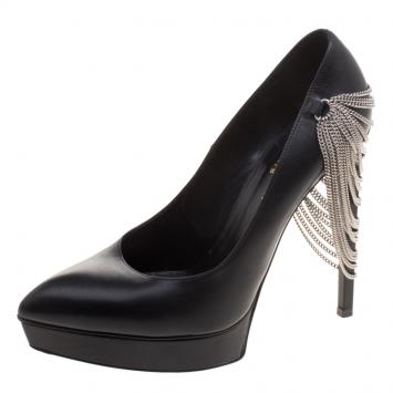 Pre Owned Saint Laurent Paris Black Leather Janis Chain Heel Platform Pumps Size 37.5
