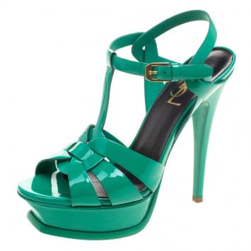 Pre Owned Yves Saint Laurent Green Leather Tribute Platform Sandals Size 36