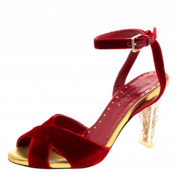 Pre Owned Saint Laurent Paris Red Velvet Embellished Heel Cross Ankle Strap Sandals Size 37.5