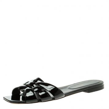 Pre Owned Saint Laurent Paris Black Patent Tribute Flat Slides Size 39