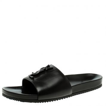 Pre Owned Saint Laurent Paris Black Leather Slides Size 39.5