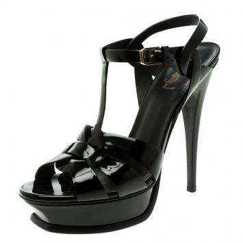 Pre Owned Saint Laurent Paris Black Patent Tribute Platform Sandals Size 40