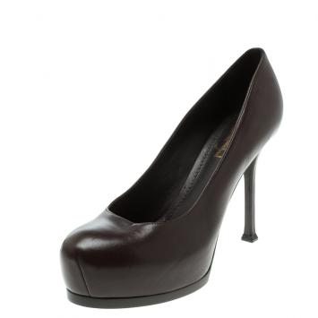 Pre Owned Saint Laurent Paris Brown Leather Tribtoo Platform Pumps Size 37