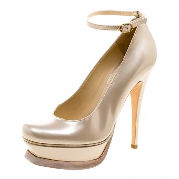 Pre Owned Saint Laurent Beige Patent Leather Ankle Strap Platform Pumps Size 35.5