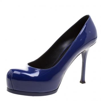 Pre Owned Saint Laurent Paris Blue Patent Leather Tribtoo Platform Pumps Size 38