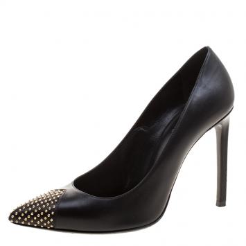 Pre Owned Saint Laurent Paris Black Studded Leather Janis Pointed Toe Pumps Size 37