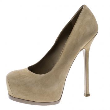 Pre Owned Yves Saint Laurent Beige Suede Tribtoo Platform Pumps Size 38.5