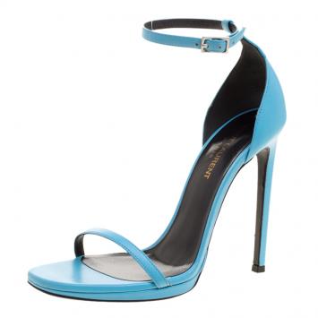 Pre Owned Saint Laurent Paris Light Blue Leather Jane Ankle Strap Sandals Size 38
