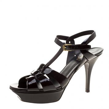 Pre Owned Yves Saint Laurent Bordeaux Patent Leather Tribute Sandals Size 38