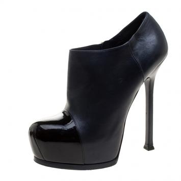 Pre Owned Saint Laurent Paris Two Tone Leather Tribtoo Cap Toe Platform Ankle Boots Size 38