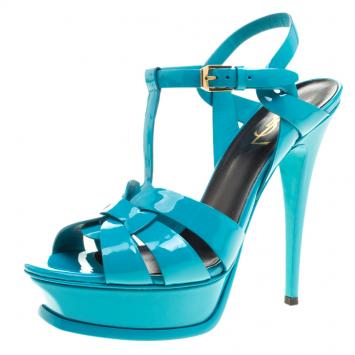 Pre Owned Saint Laurent Paris Turquoise Patent Leather Tribute Platform Sandals Size 38