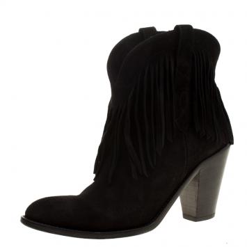 Pre Owned Saint Laurent Paris Black Suede Fringe New Western Boots Size 37
