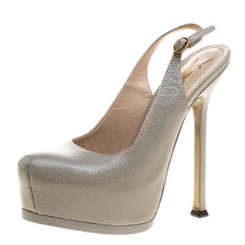 Pre Owned Saint Laurent Paris Grey Leather Tribtoo Slingback Platform Sandals Size 35
