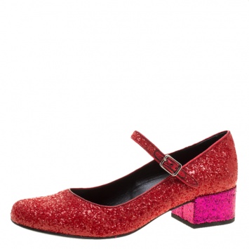 Pre Owned Saint Laurent Paris Red And Pink Glitter Babies Block Heel Pumps Size 36