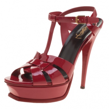 Pre Owned Saint Laurent Paris Red Patent Leather Tribute Platform Sandals Size 39