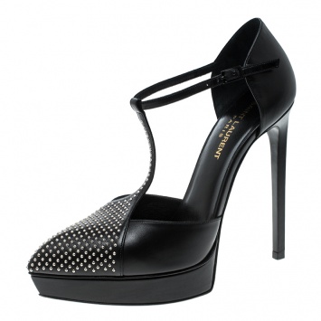Pre Owned Saint Laurent Paris Black Leather Studded T-Strap Pointed Toe Sandals Size 38
