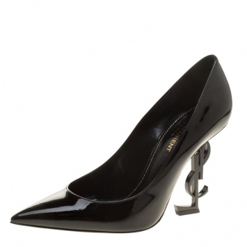 Pre Owned Saint Laurent Paris Black Patent Leather YSL Heel Pointed Toe Pumps Size 38