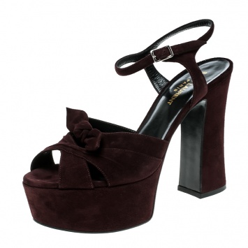 Pre Owned Saint Laurent Paris Dark Brown Suede Candy Ankle Strap Platform Sandals Size 37.5