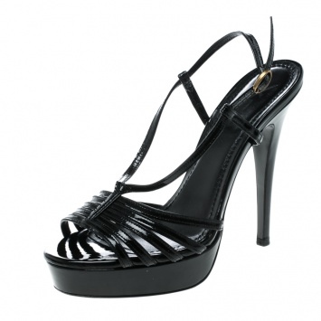 Pre Owned Saint Laurent Paris Black Patent Leather Strappy Platform Sandals Size 36
