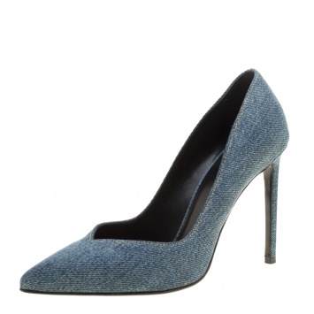 Pre Owned Saint Laurent Paris Light Wash Denim Skinny Pointed Toe Pumps Size 38