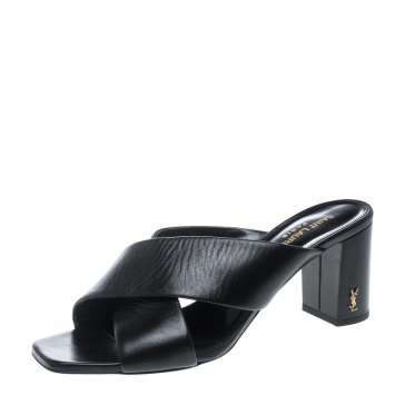 Pre Owned Saint Laurent Paris Black Leather Loulou Criss Cross Mules Size 38.5