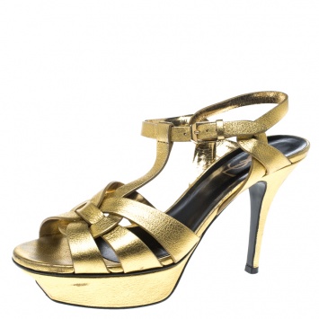 Pre Owned Saint Laurent Paris Metallic Gold Leather Tribute Platform Sandals Size 37.5