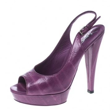 Pre Owned Saint Laurent Paris Purple Eel Skin Leather Peep Toe Platform Slingback Sandals Size 36