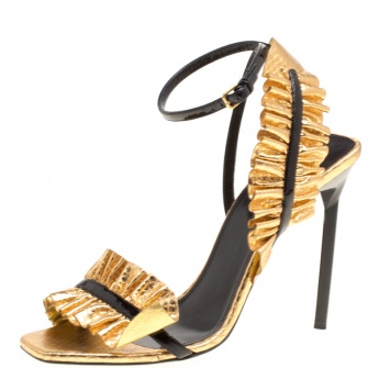 Pre Owned Saint Laurent Paris Metallic Gold Embossed Python Leather Edie Ruffle Detail Ankle Strap Sandals Size 38