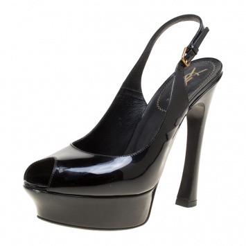 Pre Owned Saint Laurent Black Patent Leather Slingback Sandals Size 38.5