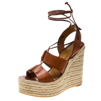 Pre Owned Saint Laurent Brown Leather Lace Up Espadrille Wedge Sandals Size 36