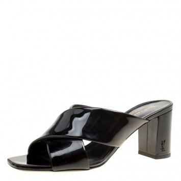Pre Owned Saint Laurent Paris Black Patent Leather Loulou Criss Cross Mules Size 38.5