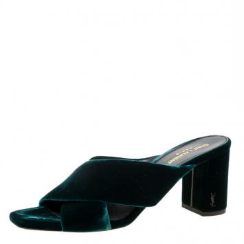 Pre Owned Saint Laurent Paris Emerald Green Velvet Loulou Criss Cross Mules Size 39.5