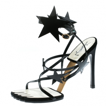 Pre Owned Saint Laurent Paris Black Patent Leather Star Ankle Wrap Sandals Size 38