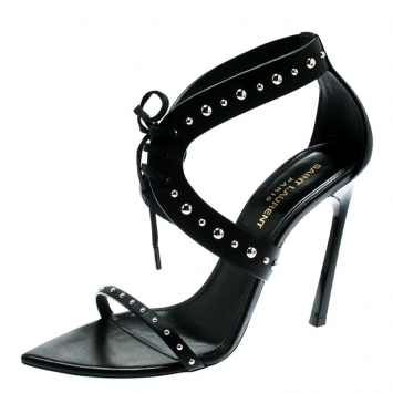 Pre Owned Saint Laurent Paris Black Leather Iris Studded Ankle Strap Sandals Size 38