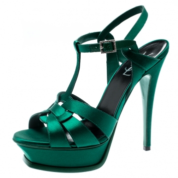 Pre Owned Saint Laurent Paris Green Satin Tribute Platform Sandals Size 38