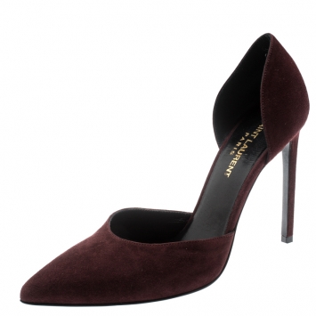 Pre Owned Saint Laurent Paris Burgundy Suede D'orsay Pointed Toe Pumps Size 37