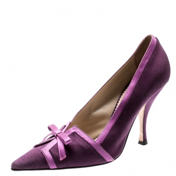 Pre Owned Saint Laurent Paris Purple Satin Bow Pointed Toe Pumps Size 38