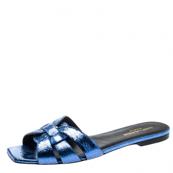 Pre Owned Saint Laurent Paris Metallic Blue Textured Leather Tribute Flat Slides Size 39