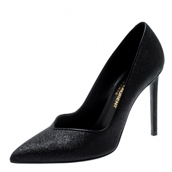Pre Owned Saint Laurent Paris Black Glitter And Leather Trim Skinny Pointed Toe Pumps Size 37