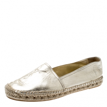 Pre Owned Saint Laurent Paris Metallic Gold Leather Logo Espadrilles Size 40